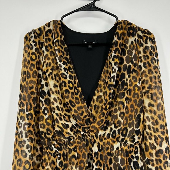 Express Dress Brown Black Leopard Print Long Sleeve Mini V Neck - Picture 2 of 11